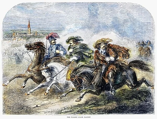 BATTLE OF NASEBY, 1645. Cavaliers loyal to King Charles I flee pursuing Parliamentarians in the service of Oliver Cromwell following the Battle of Naseby during the English Civil War, 14 June 1645. Wood engraving, English, 19th century