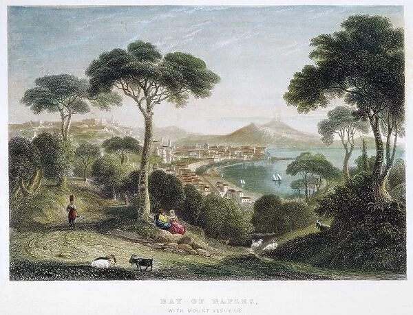 BAY OF NAPLES, 19th CENTURY. A view of the Bay of Naples with Mount Vesuvius: steel engraving, 19th century