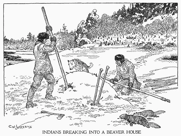 BEAVER HUNTING. Native Americans, wearing leather clothing against the cold and snow