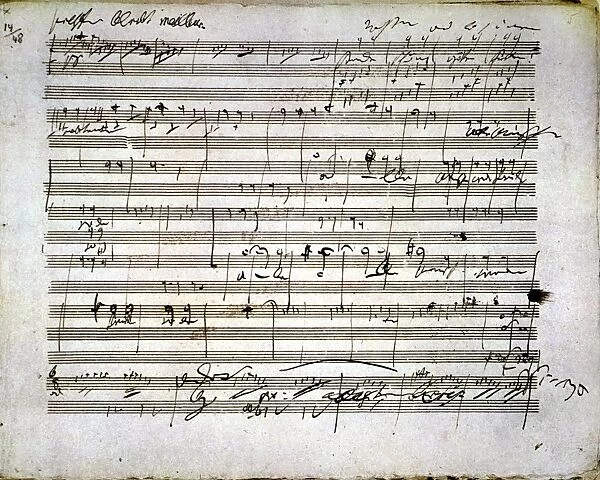BEETHOVEN MANUSCRIPT. Sketches by Ludwig van Beethoven (1770-1827) for his Ninth Symphony in D Minor, opus 125, with quotes from Schillers Ode to Joy