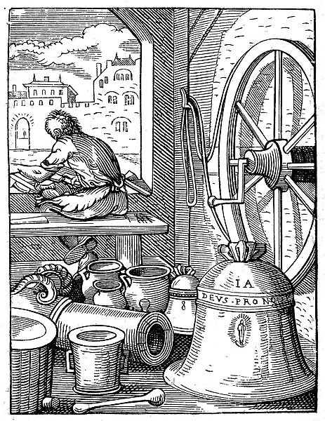 BELL & CANNON CASTER. Line engraving after a 16th century woodcut by Jost Amman