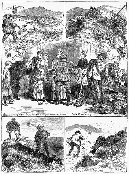BIRD SHOOTING, 1880. A gently humorous view of grouse shooting in Scotland. Wood engraving, English, 1880