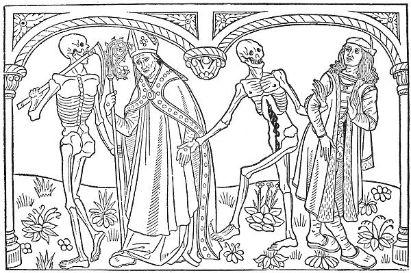 BISHOP AND GENTLEMAN. Woodcut from the Latin editon of The Dance of Death, printed in Paris