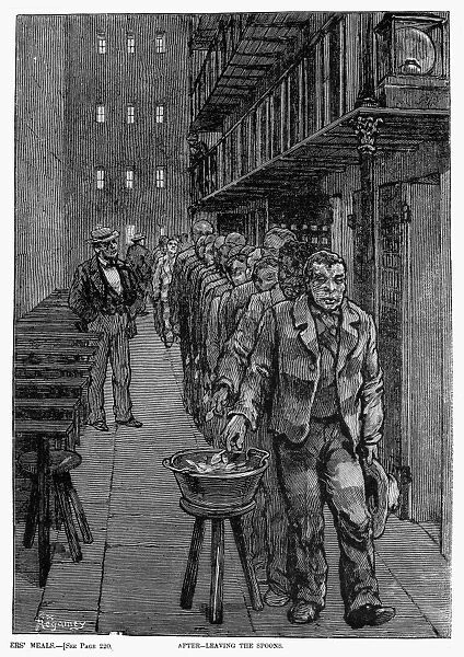 BLACKWELLs ISLAND, 1876. Prisoners at Blackwells Island, New York City, surrendering their spoons after meal time. Wood engraving from an American newspaper of 1876
