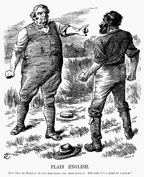 BOER WAR CARTOON, 1899. Plain English: John Bull (to Boer) - As you will fight