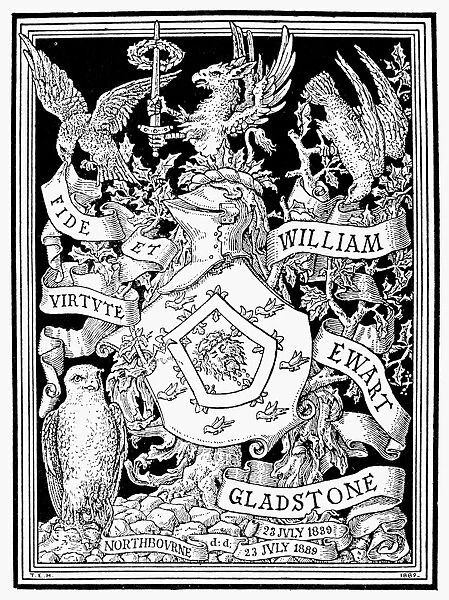 BOOKPLATE, 1889. Bookplate used by the English statesman, William E. Gladstone