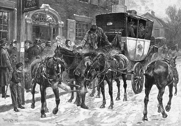 BOSTON POST ROAD. A relay on the old Boston Post Road, 1815. Wood engraving, 1886, after Thure de Thulstrup