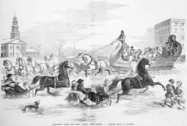 BOSTON: SLEIGHING, 1856. The great Boston, Massachusetts, sleigh passing the Norfolk house at Roxbury. Wood engraving, American, 1856