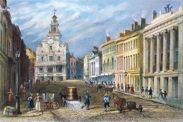 BOSTON: STATE STREET. Colored engraving, 1837