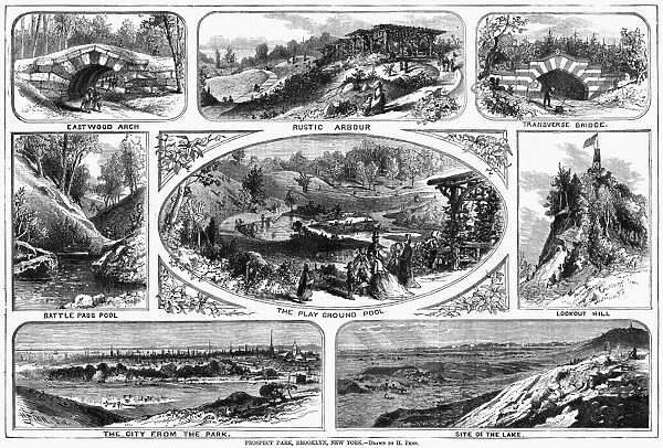 BROOKLYN: PROSPECT PARK. Views of Propsect Park in Brooklyn, New York, and (lower left) a view of Lower Manhattan from Prospect Park. Wood engravings, American, 1868, after drawings by Harry Fenn