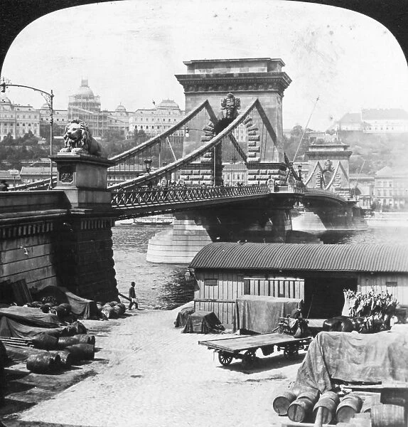 BUDAPEST: BRIDGE, 1908. Suspension bridge at the Royal Palace, Budapest, Hungary