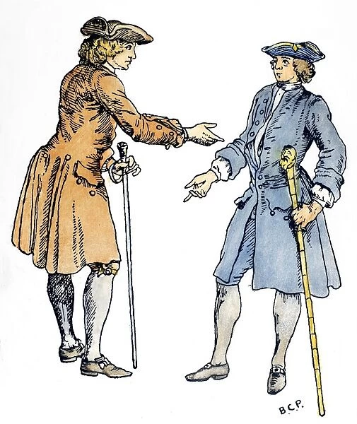 CANES, c1738. Englishmen carrying fashionable canes with carved heads, c1738. Drawing