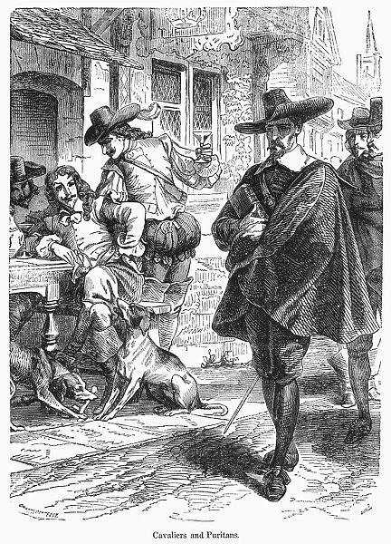 CAVALIERS AND PURITANS. Cavaliers and Puritans in England during the reign of Charles I, c1640. Wood engraving, English, 19th century