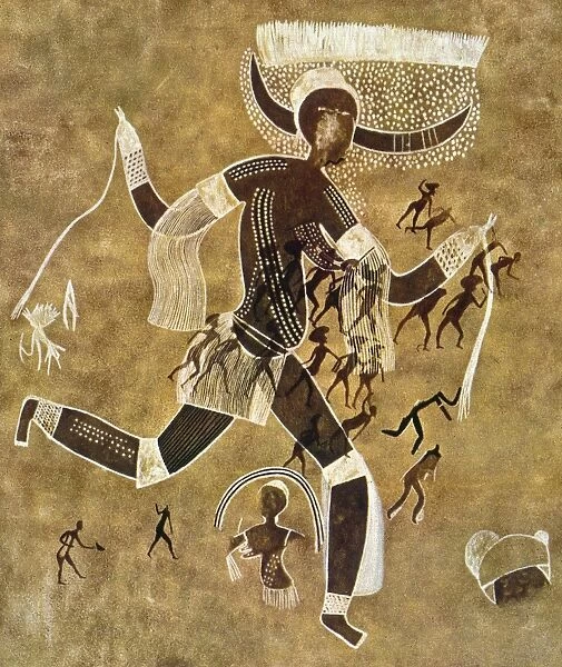 CAVE ART. Prehistoric rock painting, probably depicting a horned goddess. From Aounrhet, Tassili, Algeria