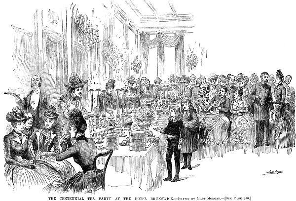 CENTENNIAL TEA PARTY, 1889. The Centennial Tea Party at the Hotel Brunswick. Wood engraving, American, 1889