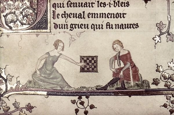 CHECKERS, 14th CENTURY. A lady and a page playing a game of checkers