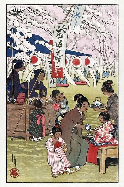 CHERRY BLOSSOMS, c1914. Tea time under the cherry blossoms in Tokyo, Japan