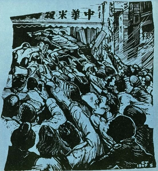 CHINA: FOOD RIOTS, 1947. A mob in a Chinese city demanding rice during food shortages