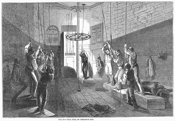 CHRISTMAS: BELL-RINGING. The bow-bell peal on Christmas Eve. Wood engraving, English, 1850