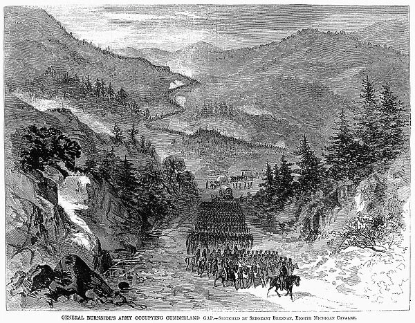 CIVIL WAR: CUMBERLAND GAP. Union troops led by Major General Ambrose Everett Burnside occupying the Cumberland Gap in September 1863. Wood engraving from a contemporary newspaper