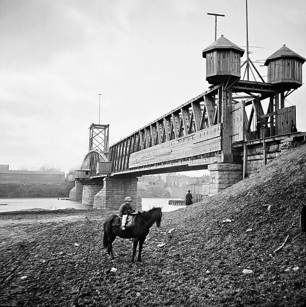CIVIL WAR: NASHVILLE, 1864. Fortified bridge over the Cumberland River. Photographed by George Barnard before the Battle of Nashville, Tennessee, December 1864