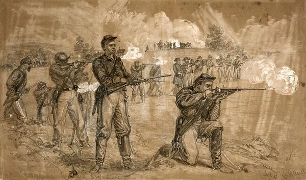 CIVIL WAR: SKIRMISH, 1863. The 1st Maine Cavalry firing Spencer rifles during the