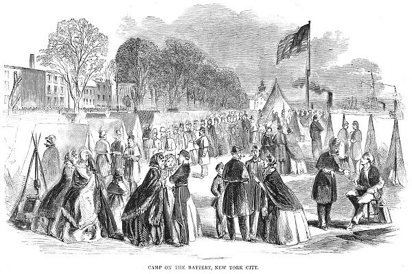 CIVIL WAR: UNION CAMP, 1861. Union Army camp at the Battery, New York City, shortly after the outbreak of the Civil War. Wood engraving from an American newspaper of 1861