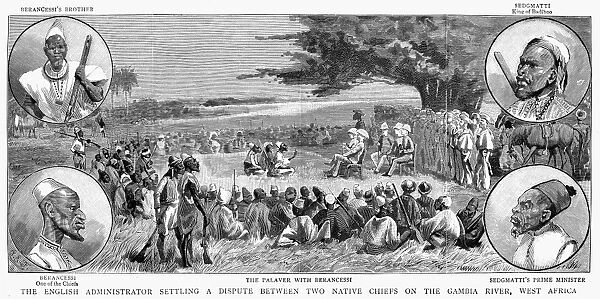 COLONIAL AFRICA, 1887. An English administrator settling a dispute between two native chiefs on the Gambia River, West Africa. Wood engraving, English, 1887
