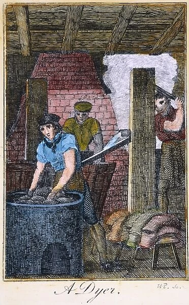 COLONIAL DYER, 18th C. A colonial American dyer assisted by indentured servants: engraving, late 18th century