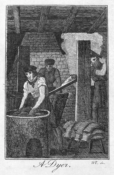 COLONIAL DYER. A colonial American dyer assisted by indentured servants. Line engraving, late 18th century