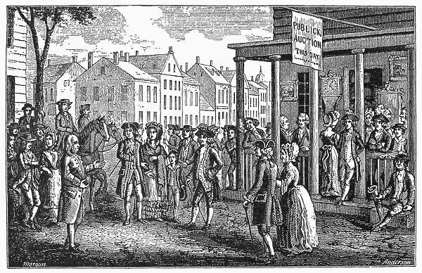 COLONIAL LIFE: AUCTION. A public auction in an American town at the time of the American Revolution. Wood engraving, American c1830s