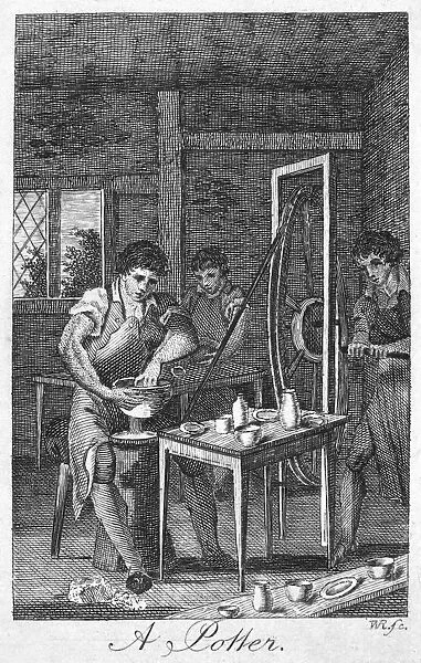 COLONIAL POTTER. A colonial American potter assisted by indentured servants. Line engraving, late 18th century