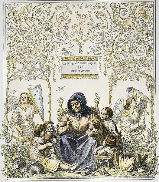 Colored engraved title page by Ludwig Grimm to the first edition of Jacob and Wilhelm Grimms Kinder-und Hausmarchen, 1812-1815