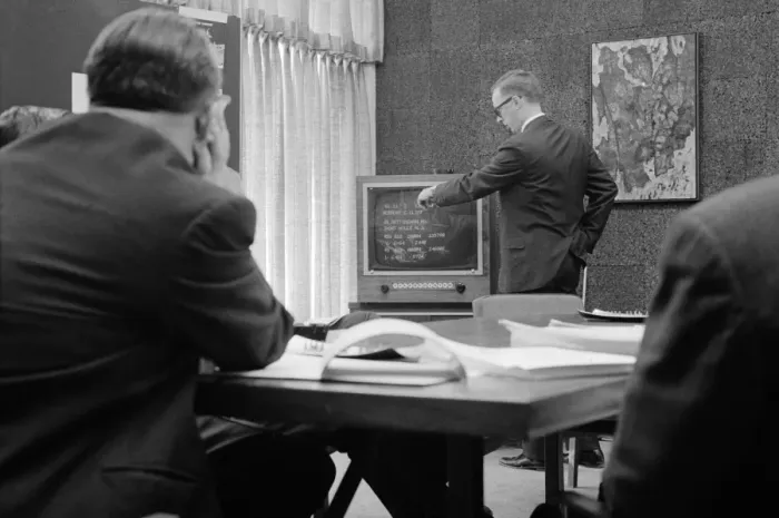Framed Print : Print of a Man Demonstrating an Early Computer Framed Print : Print of a Man Demonstrating an Early Computer