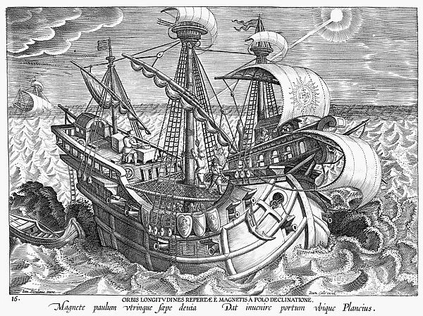 CONQUISTADOR SHIP. A heavily armed ship, probably Spanish, bearing the Jesuit monogram IHS on a sail. Line engraving by Theodor Galle (1571-1633)