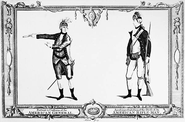 CONTINENTAL ARMY. A general and a rifleman in the American Revolutionary War. Line engraving from Edward Barnards New & Complete Authentic History of England, London, 1783