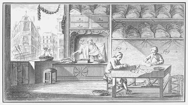 CORKMAKERs SHOP. The cutting and sorting of cork stoppers in a corkmakers shop: line engraving, French, 18th century