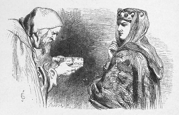 Cornelius, the physician, presenting a box of most poisonous compounds to the Queen (Act I, Scene V) in William Shakespeares Cymbeline. Wood engraving, 1881, after Sir John Gilbert