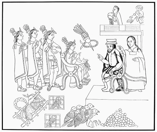 CORTES & MONTEZUMA, 1519. Dona Marina (right) interpreting during the meeting of Montezuma II