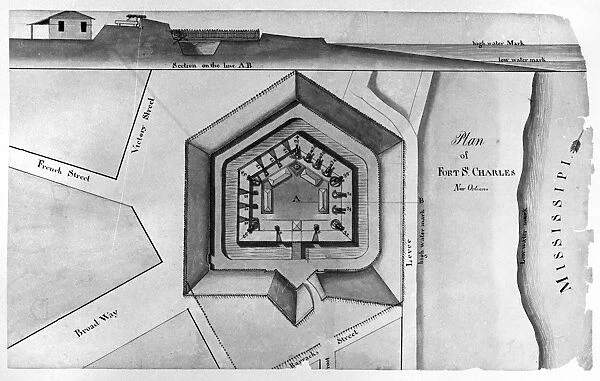 Cross section (top) and plan of Fort St. Charles on the Mississippi River in New Orleans, Louisiana. Drawing by Barthelemy Lafon, 1814