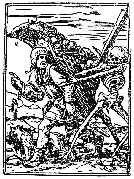 DANCE OF DEATH, 1538. Death and the Peddler. Woodcut by Hans Holbein the Younger