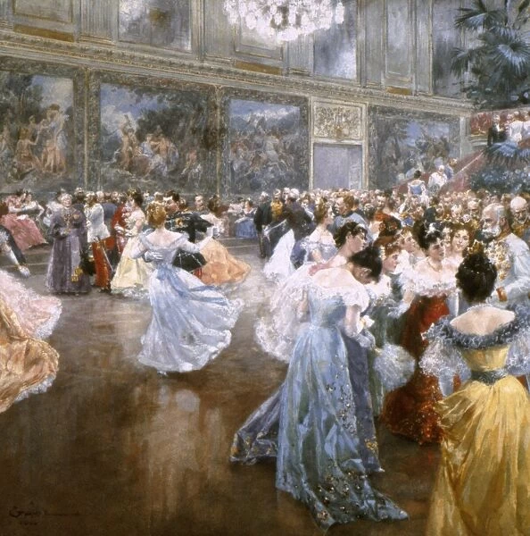 Dance in the public ballroom of the Imperial Palace, Vienna. Watercolor by Wilhelm Gause, 1900. Emperor Francis Joseph is on the far right