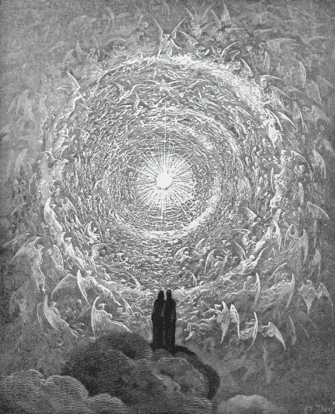 DANTE: PARADISE. The Saintly Throng in the Form of a Rose (Canto 31, lines 1-3). Wood engraving by Gustave Dor