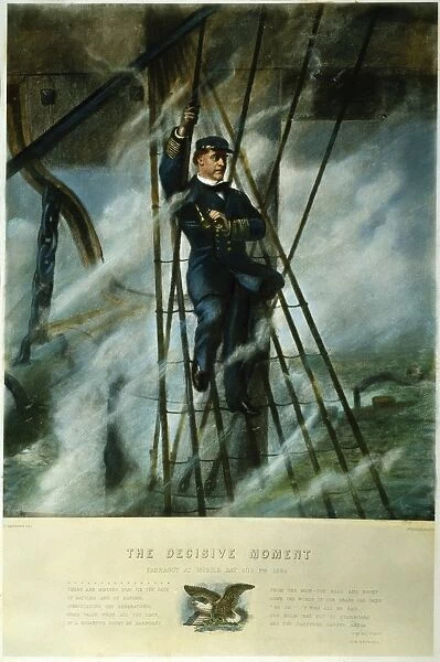 DAVID GLASGOW FARRAGUT. The Rear Admiral shown in the rigging of his flagship, USS Hartford