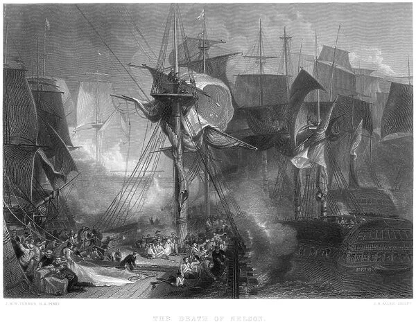 DEATH OF NELSON, 1805. The death of Horatio Nelson at the Battle of Trafalgar in 1805. Steel engraving after the painting by J. M. W. Turner