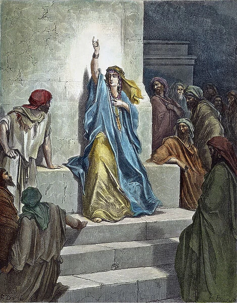 DEBORAH. Deborah the prophetess singing her song of praise and triumph (Judges 5). Engraving after Gustave Dore (1833-1883)