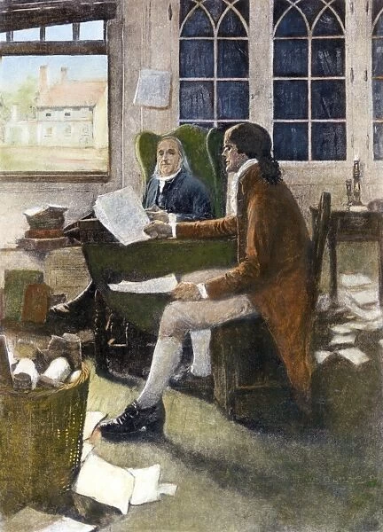 DECLARATION OF INDEPENDENCE, 1776. Thomas Jefferson reading his rough draft of