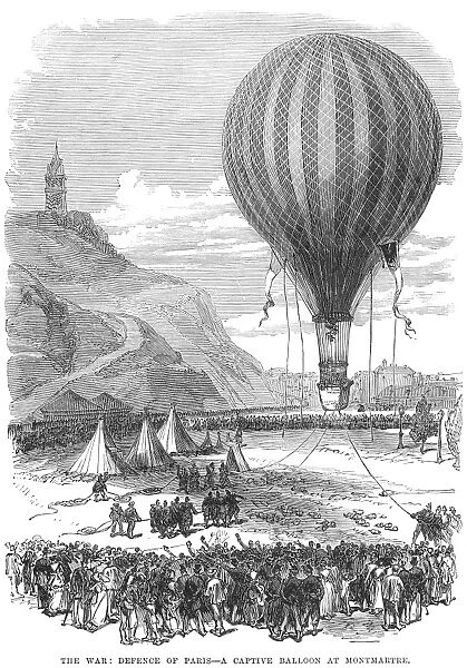 Defense of Paris: a captive balloon at Montmartre used for observation by Prussian forces during the Franco-Prussian War. Wood engraving from an English newspaper of 1870