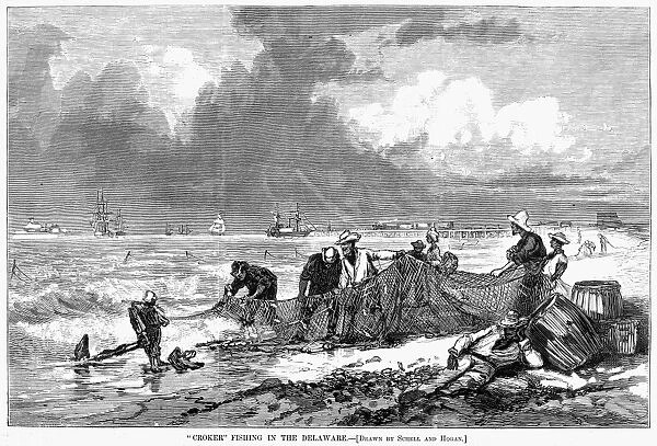 DELAWARE FISHING, 1877. Croker (croaker) Fishing in the Delaware. Wood engraving, American, 1877