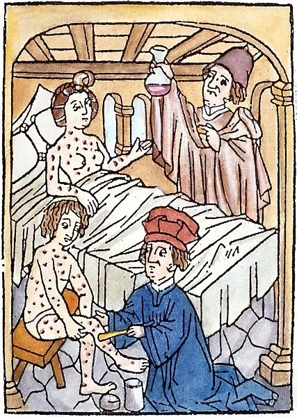 A doctor inspects the urine sample of a female patient with syphilis while his colleague applies a salve to a similarly-infected male patient. Woodcut, 1497